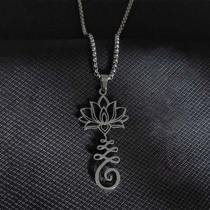 Buddhist Blessing Chakra Symbol Irregular Design Lotus Stainless Steel Enlightenment Necklace Pendant
