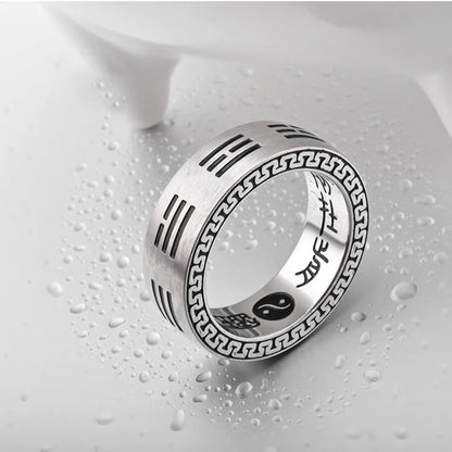 Buddhist Blessing Bagua Yin Yang Taoist Nine-Character Mantra Titanium Steel Harmony Ring