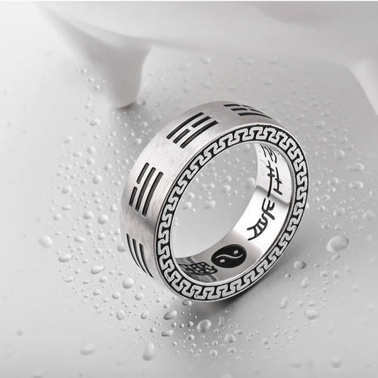 Buddhist Blessing Bagua Yin Yang Taoist Nine-Character Mantra Titanium Steel Harmony Ring