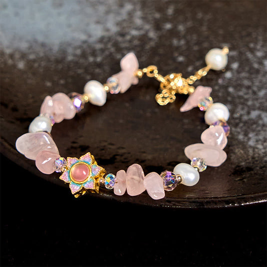 Buddhist Blessing Natural Gravel Rose Quartz Flower Pearl Healing Bracelet