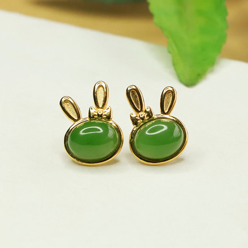 Buddhist Blessing 925 Sterling Silver Hetian Cyan Jade Cute Rabbit Luck Stud Earrings