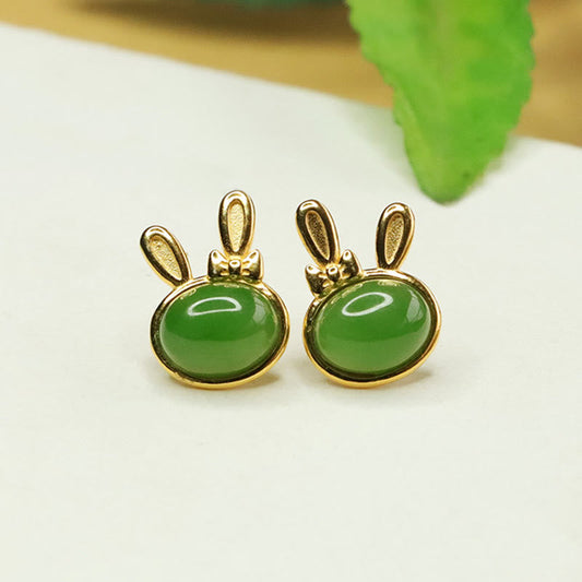 Buddhist Blessing 925 Sterling Silver Hetian Cyan Jade Cute Rabbit Luck Stud Earrings