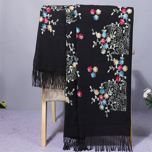 Buddhist Blessing Rayon Fabric Shawl Colorful Small Flowers Embroidery Tassel Winter Cozy Travel Scarf Wrap