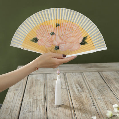 Buddhist Blessing Peony Flowers Silk Handheld Bamboo Folding Fan