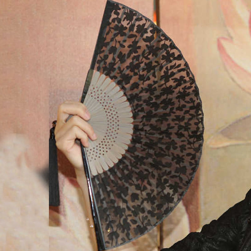 Buddhist Blessing Retro Leaves Flower Silk Handheld Bamboo Folding Fan