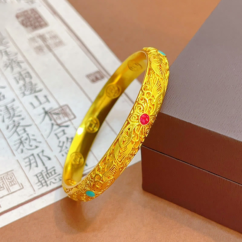 Buddhist Blessing Copper Plated Gold Flowers Leaves Luck Bracelet Bangle
