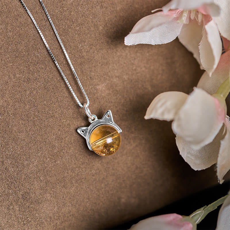 Buddhist Blessing 925 Sterling Silver Natural Citrine Cat Prosperity Necklace Pendant
