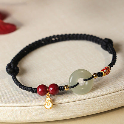 Buddhist Blessing Red String Black String Hetian Jade Peace Buckle Cinnabar 925 Silver Protection Bracelet
