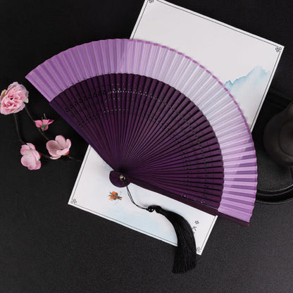 Buddhist Blessing Cranes Auspicious Clouds Solid Color Gradient Handheld Cotton Linen Fabric Bamboo Folding Fan