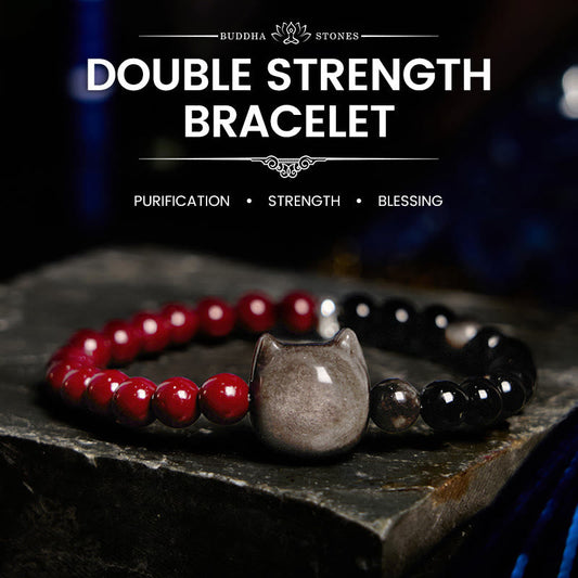 Buddhist Blessing Black Obsidian Cinnabar Silver Sheen Obsidian Cat Fulfilment Bracelet