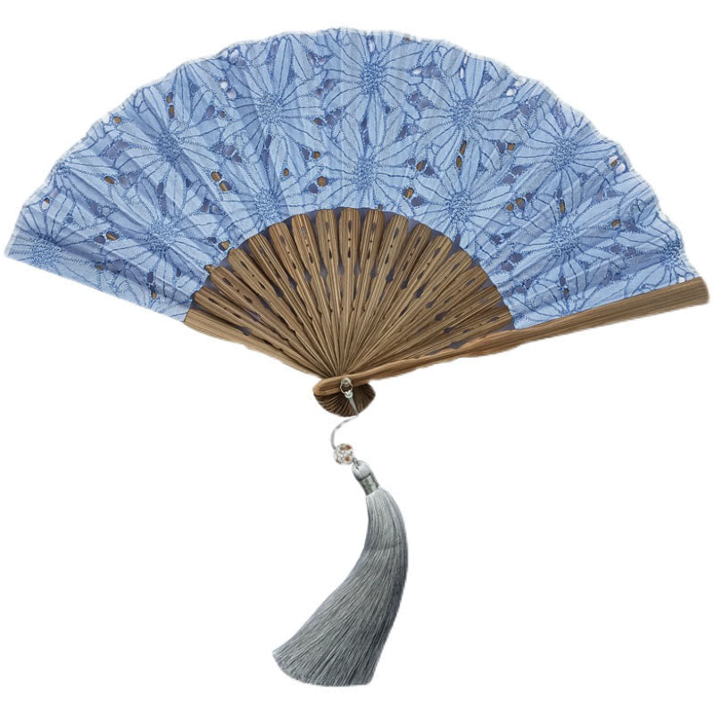 Buddhist Blessing Solid Color Hollow Flowers Embroidery Cotton Fabric Handheld Bamboo Folding Fan