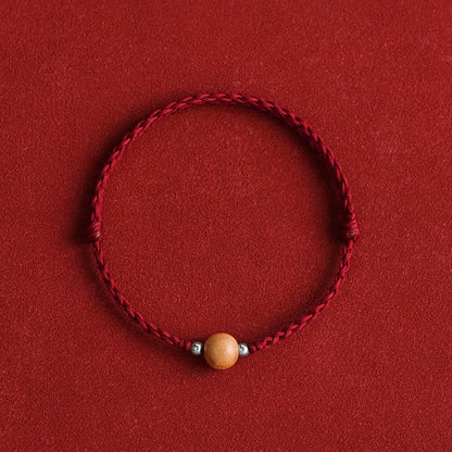 Buddhist Blessing Natural Peach Wood Bead Luck Braided Bracelet Anklet
