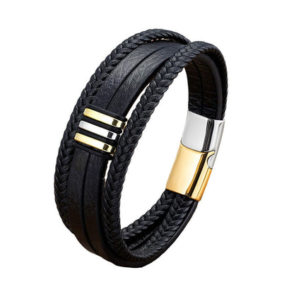 Buddhist Blessing Handmade Braided Leather Calm Titanium Steel Buckle Bracelet