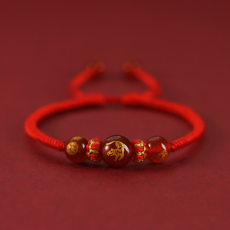 Buddhist Blessing Handmade Red Agate Chinese Zodiac Red String Braided Protection Bracelet