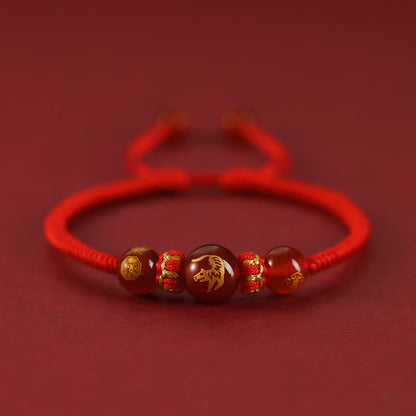 Buddhist Blessing Handmade Red Agate Chinese Zodiac Red String Braided Protection Bracelet