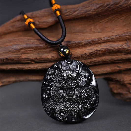 Buddhist Blessing Natural Black Obsidian Round Dragon Carved Protection Necklace Pendant