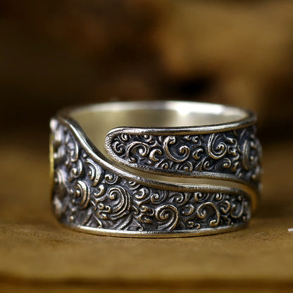 Buddhist Blessing 925 Sterling Silver PiXiu Copper Coin Brass Wealth Luck Adjustable Ring