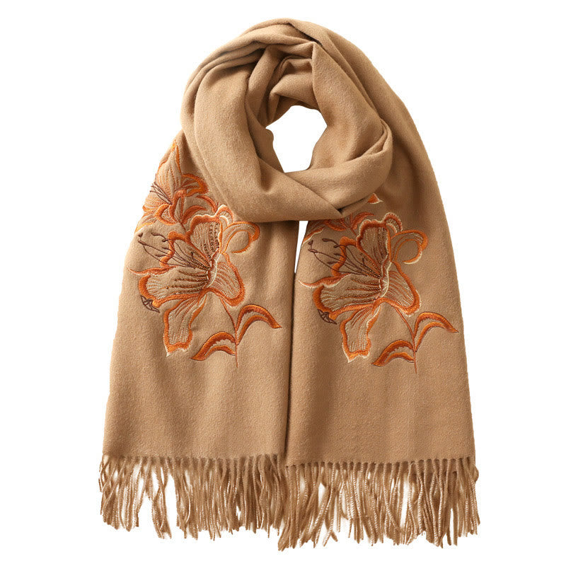Buddhist Blessing Wool Shawl Lily Embroidery Tassel Winter Cozy Travel Scarf Wrap