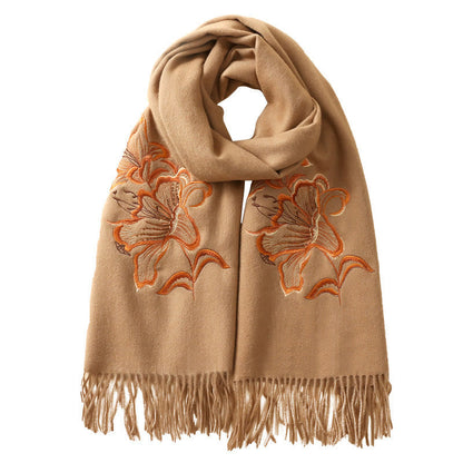 Buddhist Blessing Wool Shawl Lily Embroidery Tassel Winter Cozy Travel Scarf Wrap
