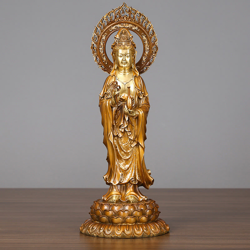 Buddhist Blessing Kwan Yin Avalokitesvara Lotus Aura Success Brass Copper Statue Home Decoration