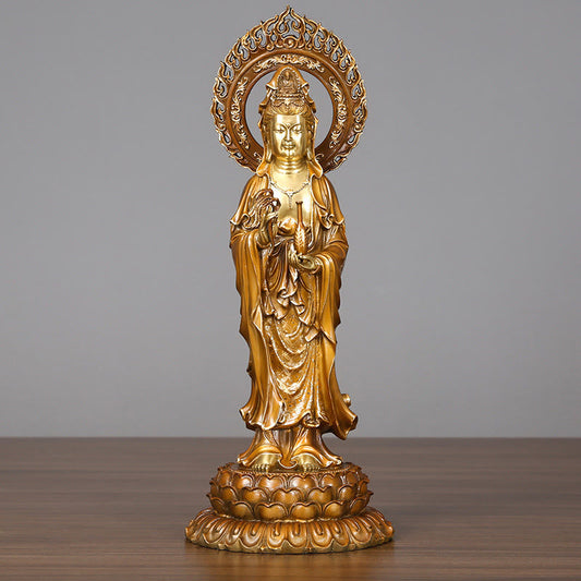 Buddhist Blessing Kwan Yin Avalokitesvara Lotus Aura Success Brass Copper Statue Home Decoration