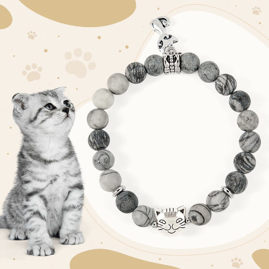 Buddhist Blessing Grey Tabby Cat Natural Black Veined Jasper Strength Bracelet