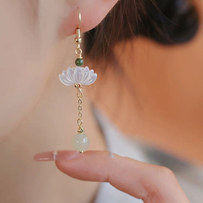 Buddhist Blessing Hetian Jade Lotus Prosperity Earrings