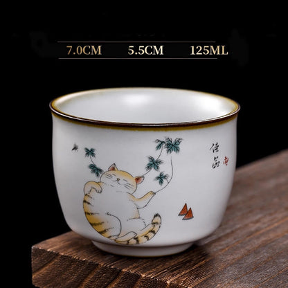 Buddhist Blessing Cute Lying Cat Branches Teacup Kung Fu Tea Cup With Gift Box