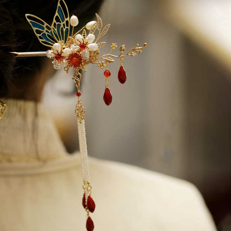 Buddhist Blessing Classical Chinese Style Flower Branche Butterfly Pearl Tassel Hair Clip Hair Comb Hair Crown