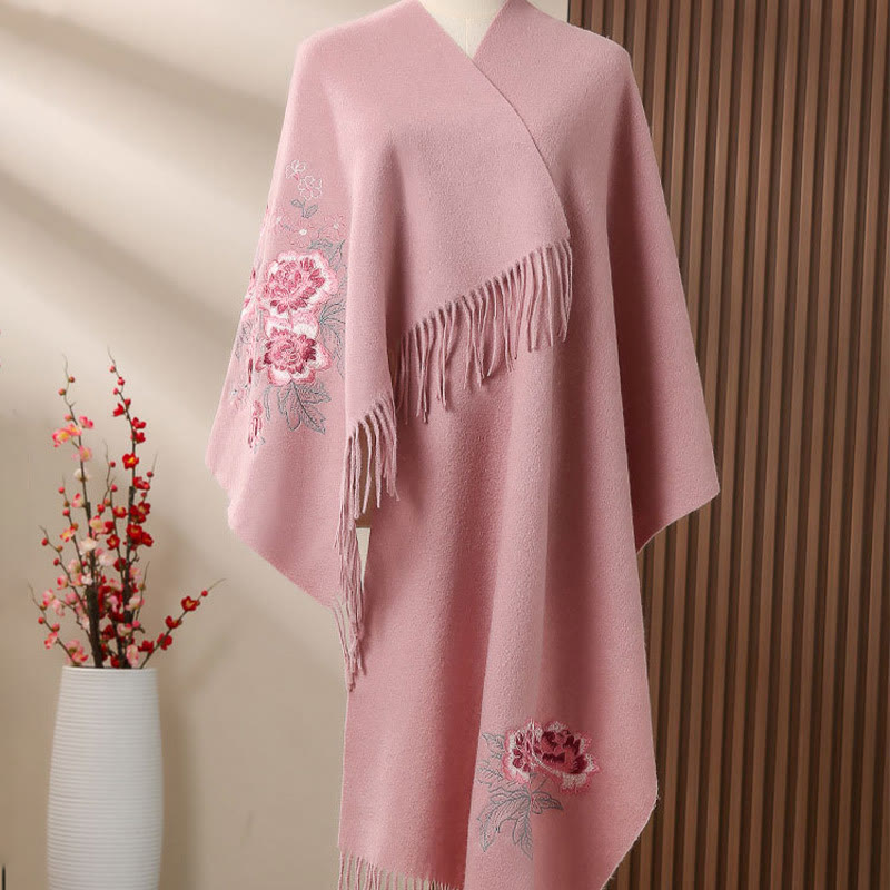 Buddhist Blessing Wool Shawl Red Peony Embroidery Tassel Winter Cozy Travel Scarf Wrap