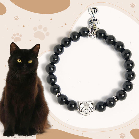 Buddhist Blessing Black Cat Natural Black Onyx Kitten Support Bracelet