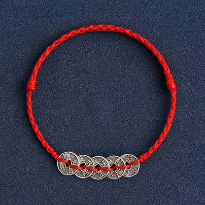 Buddhist Blessing 925 Sterling Silver Five Emperor Coins Red String Protection Luck Braided Bracelet Anklet