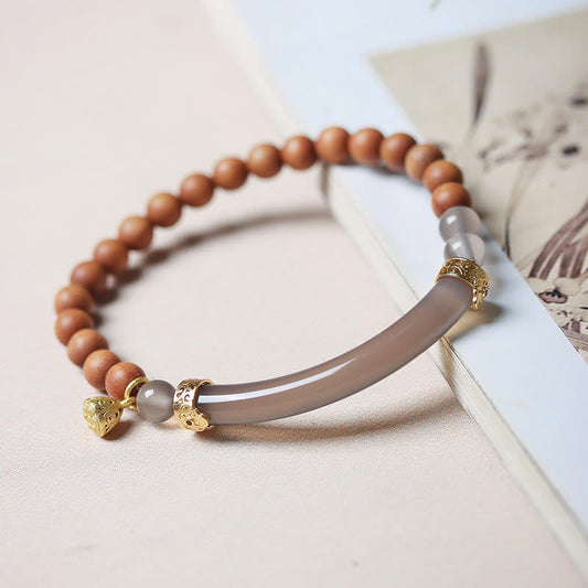Buddhist Blessing Sandalwood Gray Agate Chalcedony Cuff Half Bracelet Bangle