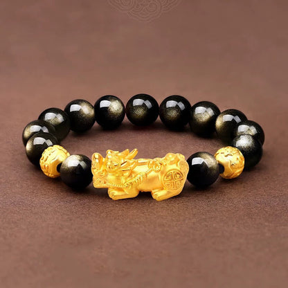 Buddhist Blessing Natural Gold Sheen Obsidian PiXiu Om Mani Padme Hum Wealth Bracelet