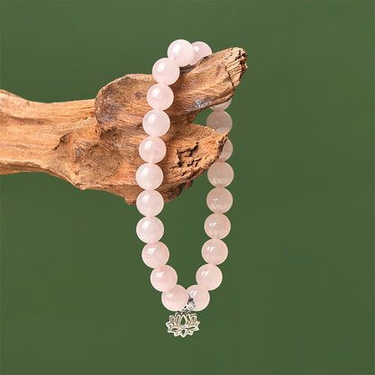 Buddhist Blessing 925 Sterling Silver Lotus Design Natural Pink Crystal Soothing Bracelet