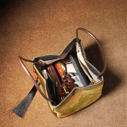 Buddhist Blessing Plum Flower Bamboo Branches Embroidery Tassel Xiangyunsha Silk Shoulder Bag Hangbags