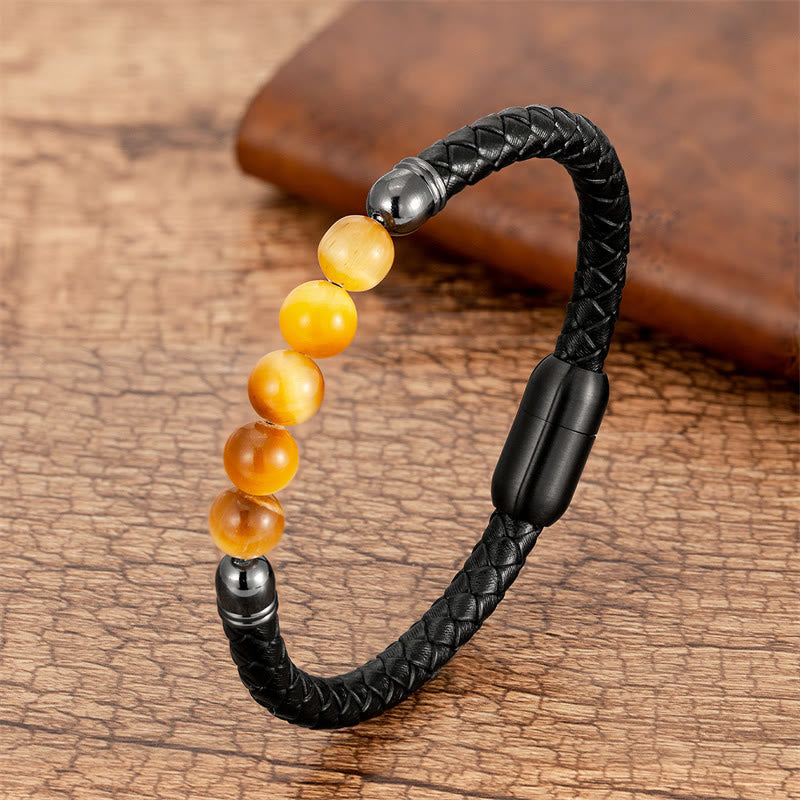 Buddhist Blessing Blue Agate Tiger Eye Lava Rock Black Onyx Lazurite Bead Protection Leather Bracelet