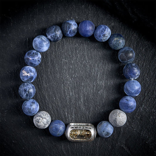 Buddhist Blessing Natural Sodalite Grey Jasper Om Mani Padme Hum Harmony Bracelet