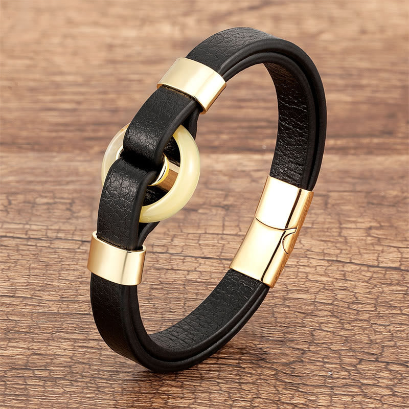 Buddhist Blessing Round Green Aventurine Black Onyx Hematite Agate Rose Quartz Stone Balance Leather Magnetic Buckle Bracelet