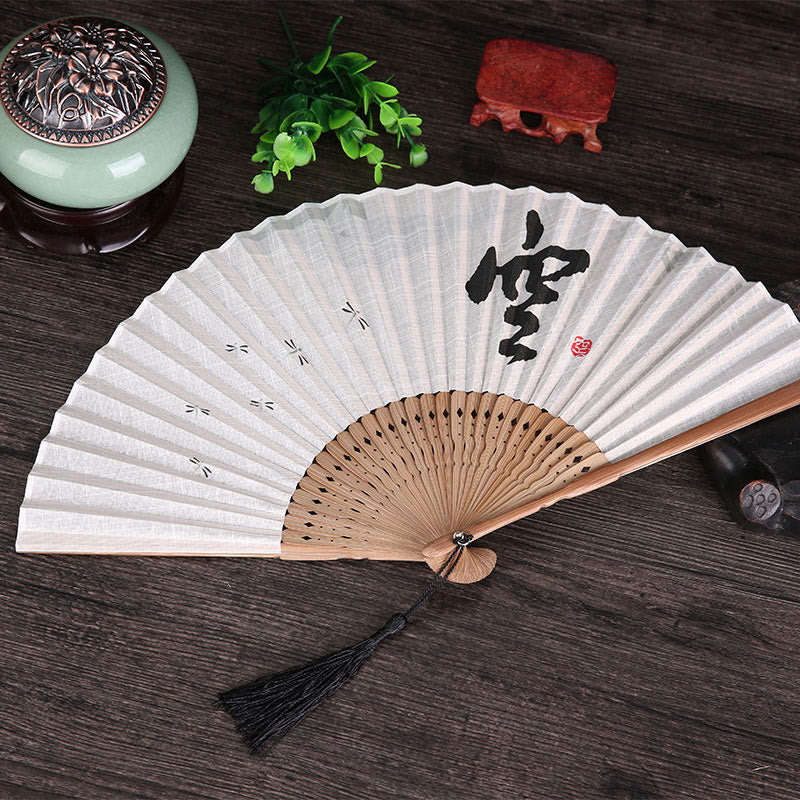 Buddhist Blessing Chinese Characters Golden Dragonfly Handheld Cotton Linen Bamboo Folding Fan 22cm