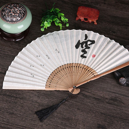 Buddhist Blessing Chinese Characters Golden Dragonfly Handheld Cotton Linen Bamboo Folding Fan 22cm
