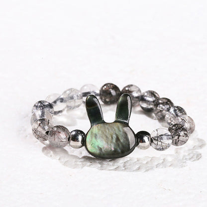 Buddhist Blessing 3mm Black Rutilated Quartz Tridacna Stone Rabbit Cat Ring