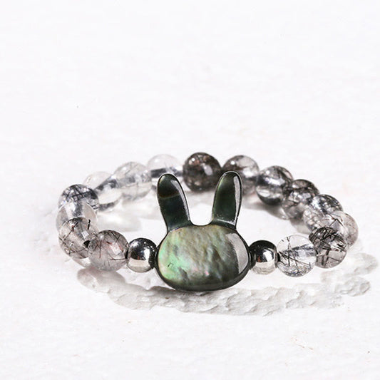 Buddhist Blessing 3mm Black Rutilated Quartz Tridacna Stone Rabbit Cat Ring