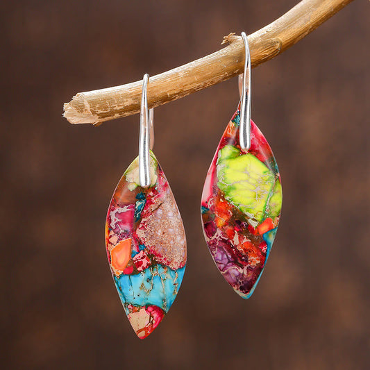 Buddhist Blessing Natural Emperor Stone Water Drop Leaf Shape Happiness Earrings