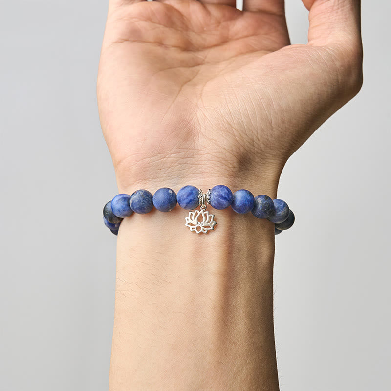 Buddhist Blessing 925 Sterling Silver Lotus Design Natural Sodalite Positive Beads Harmony Bracelet