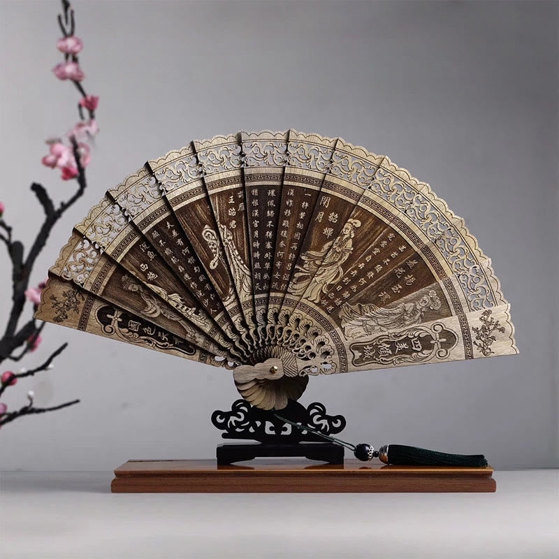 Buddhist Blessing Koi Fish Peony Bird Flower Engraved Hollow Handheld Phoebe Zhennan Wood Folding Fan 22cm