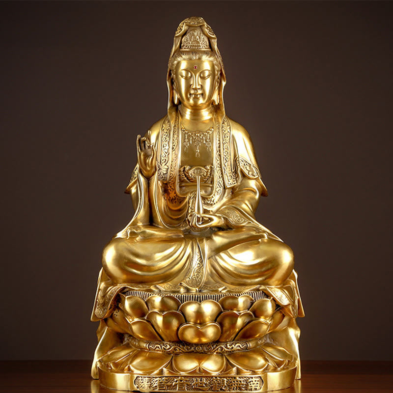 Buddhist Blessing Kwan Yin Avalokitesvara Wealth Brass Copper Statue Home Desk Decoration