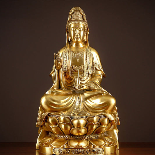 Buddhist Blessing Kwan Yin Avalokitesvara Wealth Brass Copper Statue Home Desk Decoration
