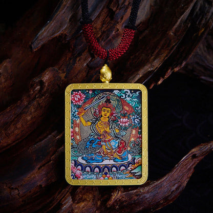 Buddhist Blessing Tibetan Zakiram Nine Tailed Fox Yellow God of Wealth Painted Thangka Hope Necklace Pendant