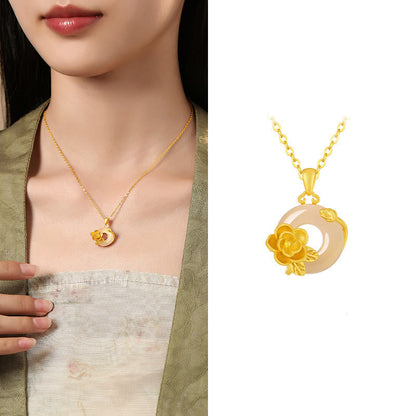 Buddhist Blessing Chalcedony 925 Sterling Silver Peace Buckle Flowers Necklace Pendant